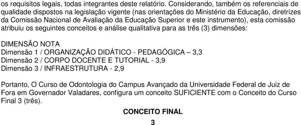 Educação Superior e este instrumento), esta comissão atribuiu os seguintes conceitos e análise qualitativa para as três () dimensões: DIMENSÃO NOTA Dimensão 1 / ORGANIZAÇÃO