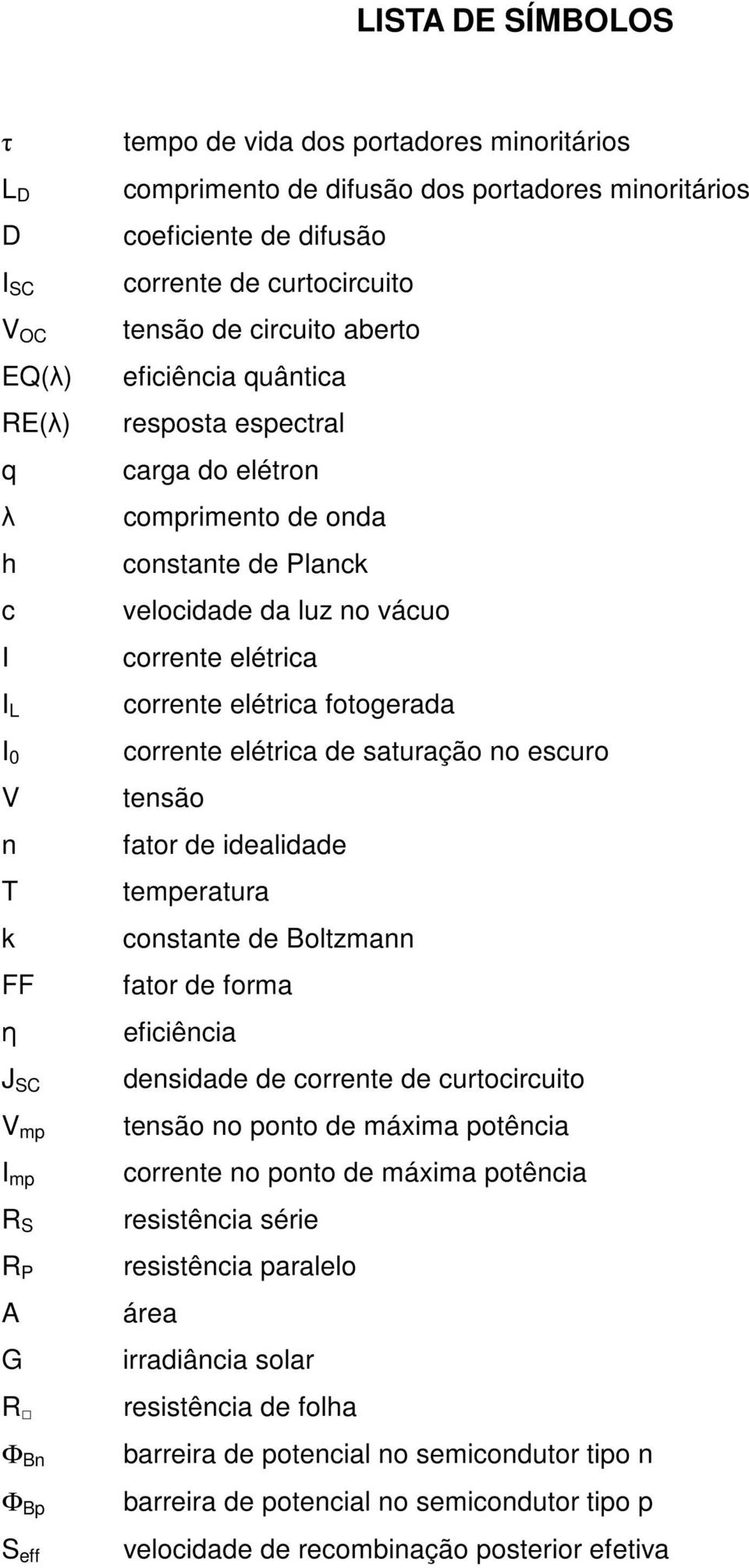 velocidade da luz no vácuo corrente elétrica corrente elétrica fotogerada corrente elétrica de saturação no escuro tensão fator de idealidade temperatura constante de Boltzmann fator de forma