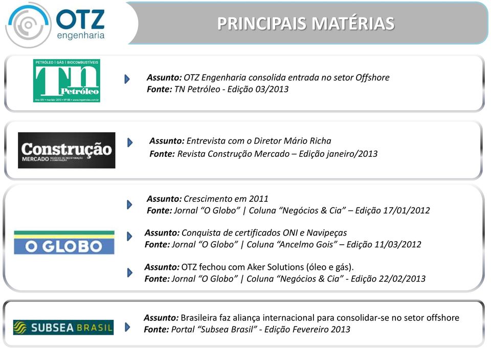 certificados ONI e Navipeças Fonte: Jornal O Globo Coluna Ancelmo Gois Edição 11/03/2012 Assunto: OTZ fechou com Aker Solutions (óleo e gás).