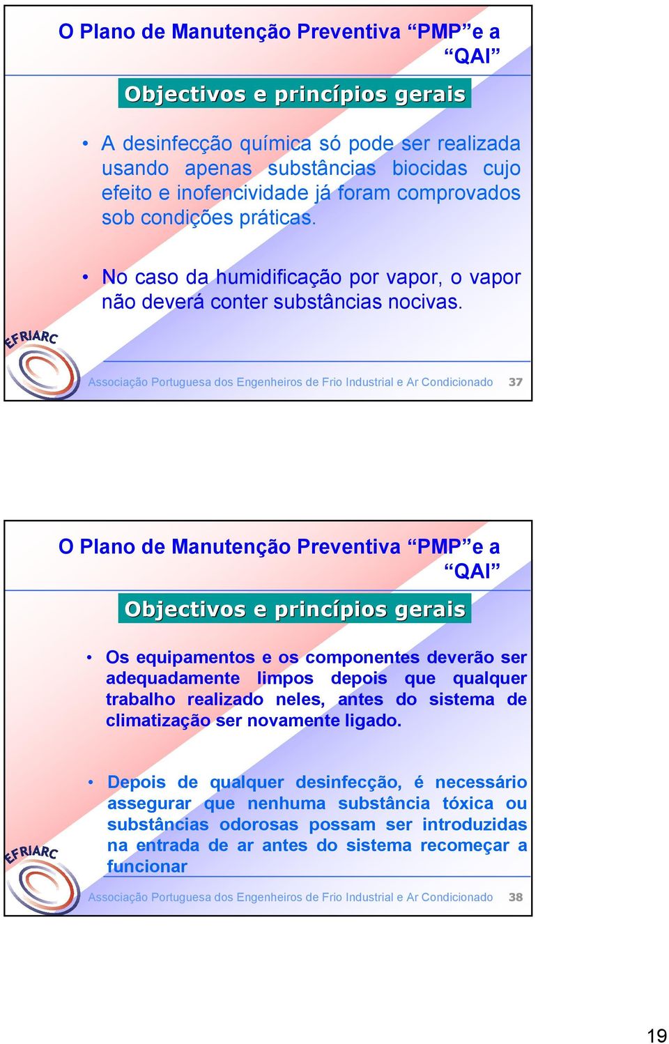 Associação Portuguesa dos Engenheiros de Frio Industrial e Ar Condicionado 37 O Plano de Manutenção Preventiva PMP e a QAI Objectivos e princípios pios gerais Os equipamentos e os componentes deverão