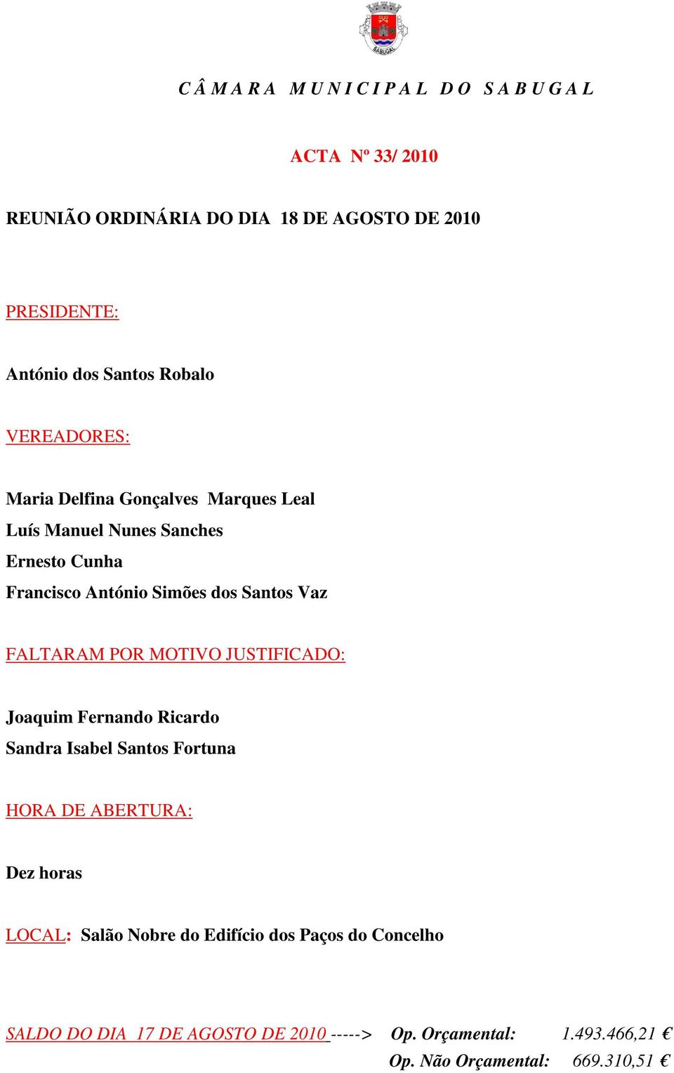 Santos Vaz FALTARAM POR MOTIVO JUSTIFICADO: Joaquim Fernando Ricardo Sandra Isabel Santos Fortuna HORA DE ABERTURA: Dez horas LOCAL: