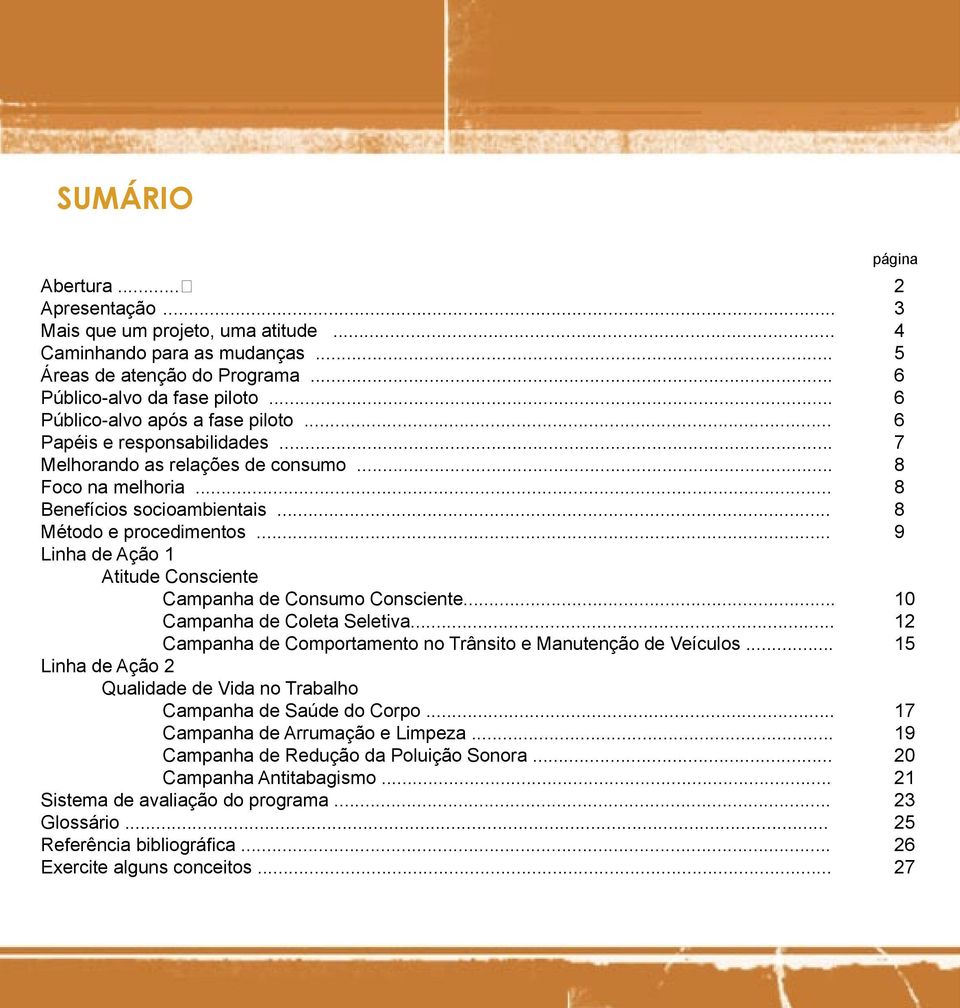 .. 9 Linha de Ação 1 Atitude Consciente Campanha de Consumo Consciente... 10 Campanha de Coleta Seletiva... 12 Campanha de Comportamento no Trânsito e Manutenção de Veículos.