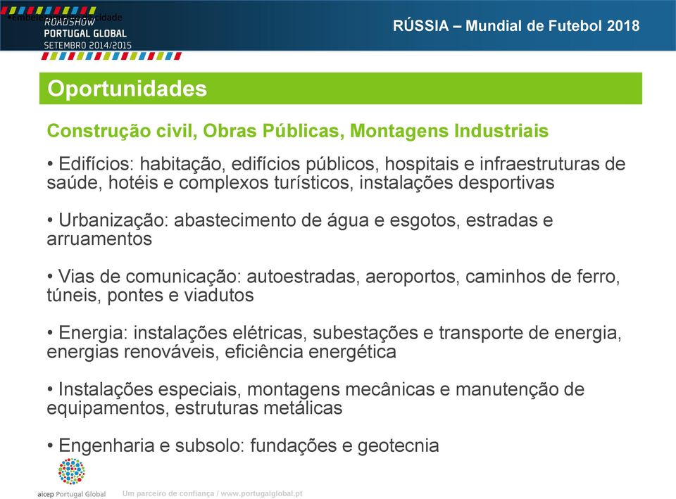 de comunicação: autoestradas, aeroportos, caminhos de ferro, túneis, pontes e viadutos Energia: instalações elétricas, subestações e transporte de energia, energias