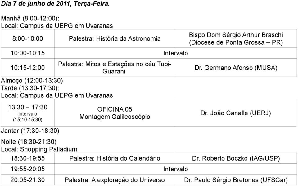 PR) 10:00-10:15 Palestra: Mitos e Estações no céu Tupi- 10:15-12:00 Guarani OFICINA 05 Montagem