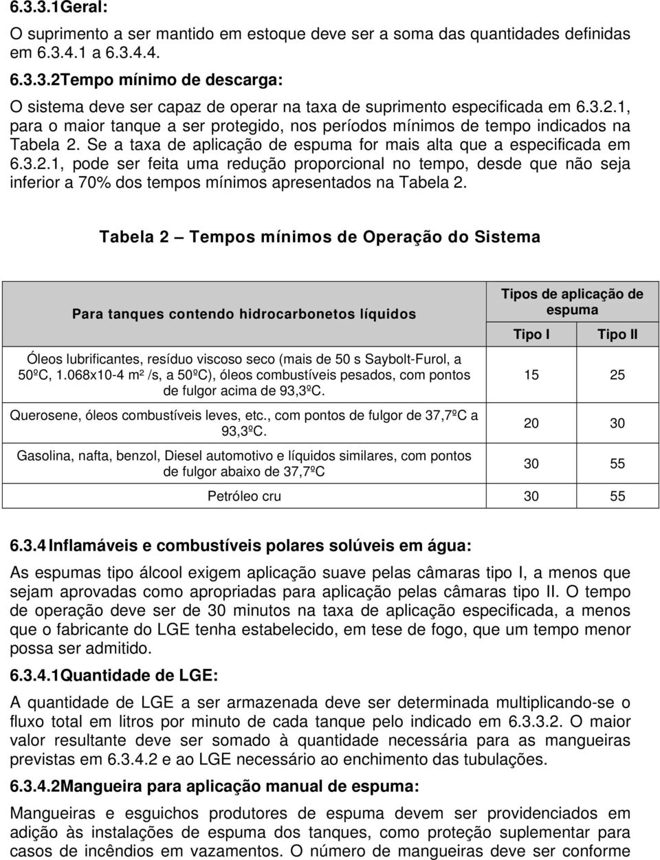 Tabela 2 Tempos mínimos de Operação do Sistema Para tanques contendo hidrocarbonetos líquidos Óleos lubrificantes, resíduo viscoso seco (mais de 50 s Saybolt-Furol, a 50ºC, 1.