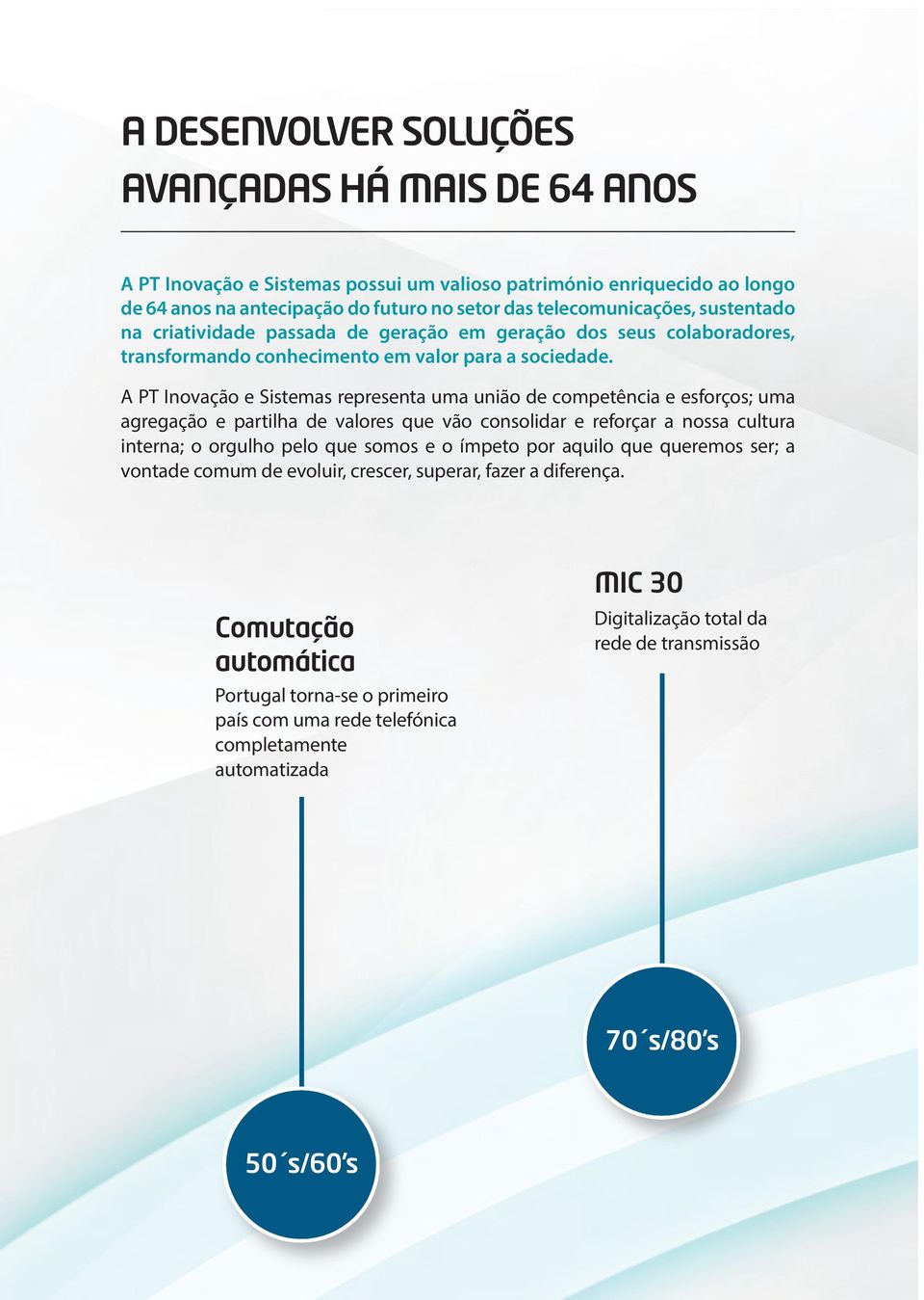 A PT Inovação e Sistemas representa uma união de competência e esforços; uma agregação e partilha de valores que vão consolidar e reforçar a nossa cultura interna; o orgulho pelo que somos e o ímpeto