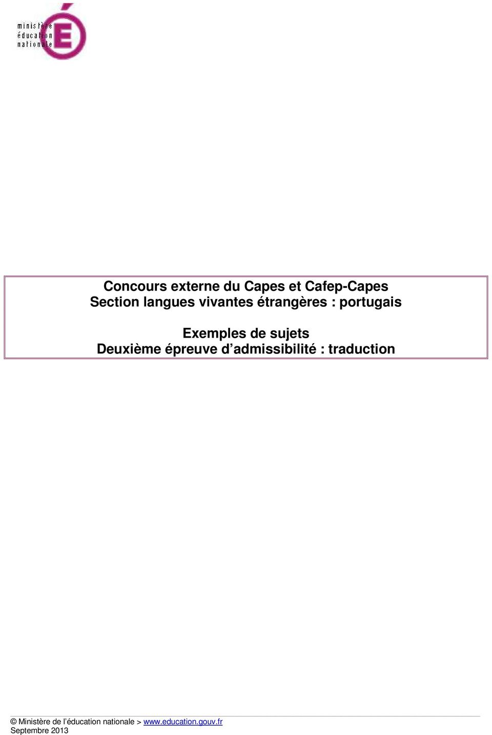 Deuxième épreuve d admissibilité : traduction Ministère