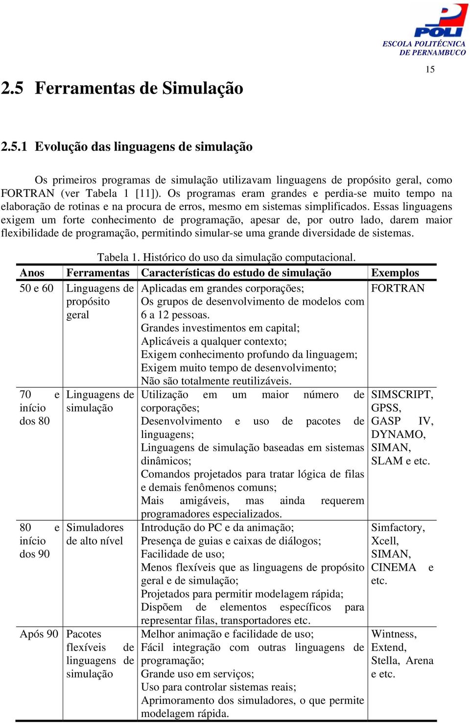 Essas linguagens exigem um forte conhecimento de programação, apesar de, por outro lado, darem maior flexibilidade de programação, permitindo simular-se uma grande diversidade de sistemas. Tabela 1.