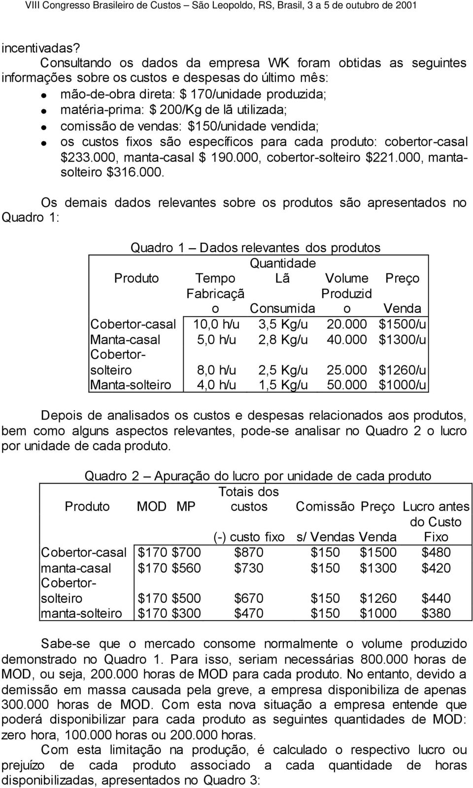 utilizada; comissão de vendas: $150/unidade vendida; os custos fixos são específicos para cada produto: cobertor-casal $233.000, manta-casal $ 190.000, cobertor-solteiro $221.000, mantasolteiro $316.