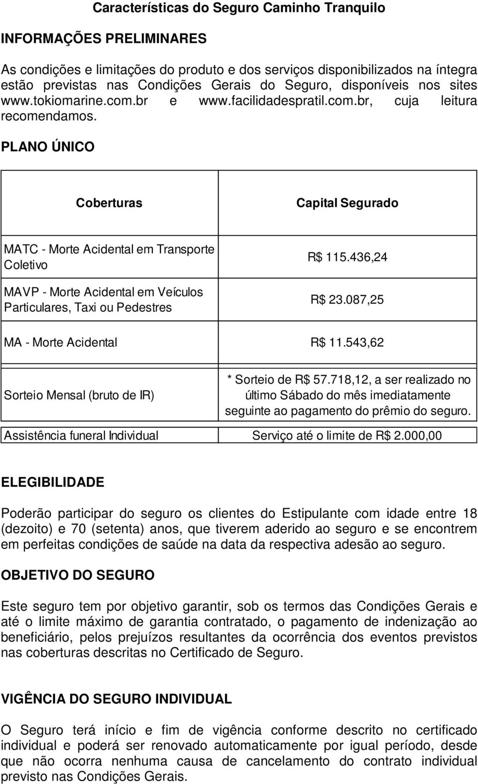 PLANO ÚNICO Coberturas Capital Segurado MATC - Morte Acidental em Transporte Coletivo MAVP - Morte Acidental em Veículos Particulares, Taxi ou Pedestres R$ 115.436,24 R$ 23.