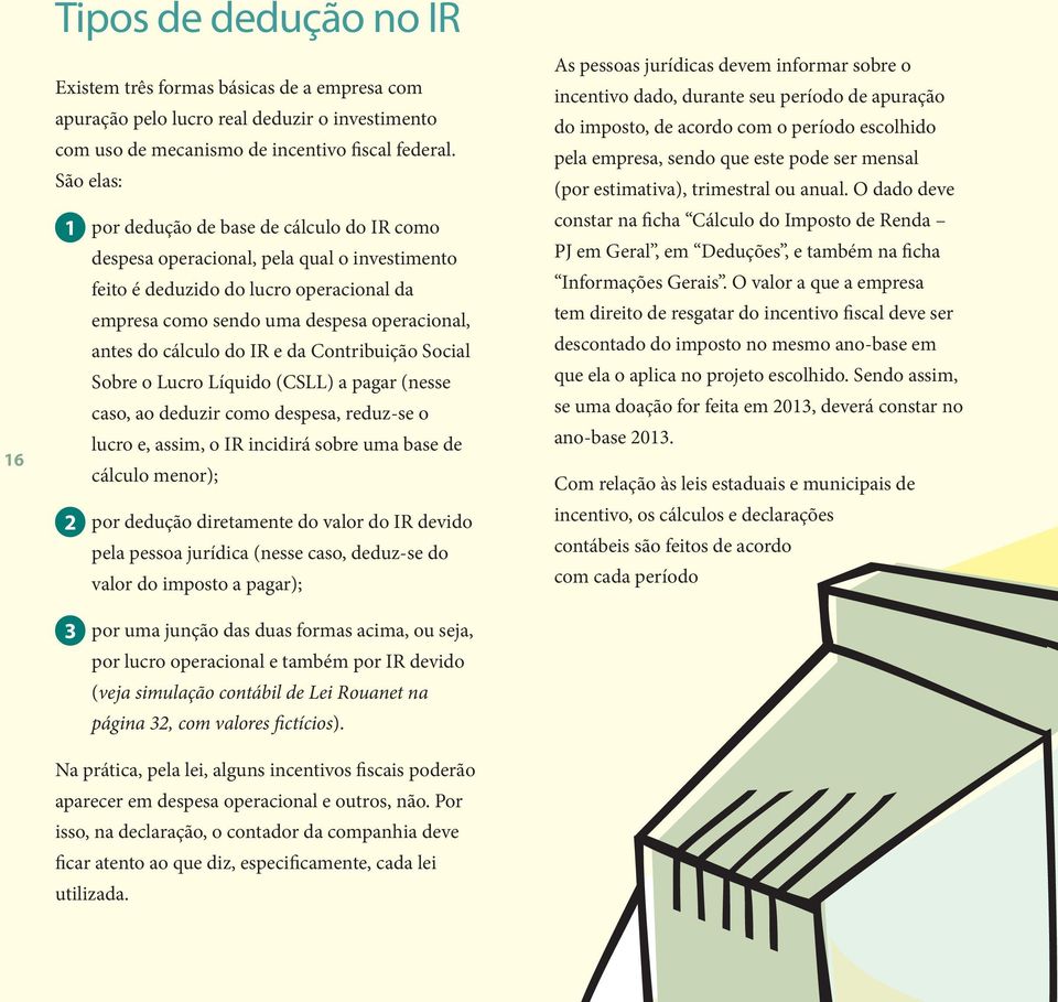 cálculo do IR e da Contribuição Social Sobre o Lucro Líquido (CSLL) a pagar (nesse caso, ao deduzir como despesa, reduz-se o lucro e, assim, o IR incidirá sobre uma base de cálculo menor); 2 por