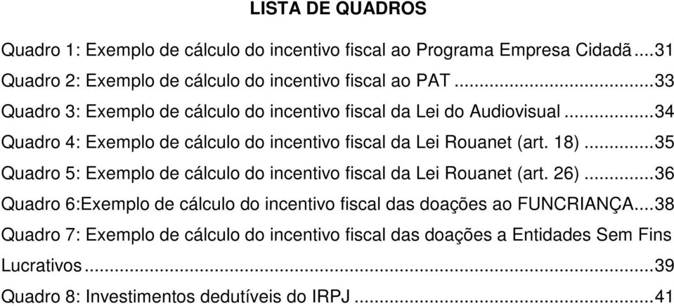 .. 35 Quadro 5: Exemplo de cálculo do incentivo fiscal da Lei Rouanet (art. 26).