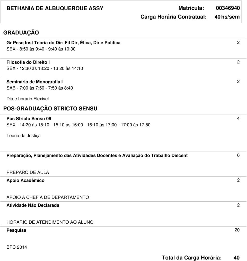 Stricto Sensu 06 4 SEX - 14:20 às 15:10-15:10 às 16:00-16:10 às 17:00-17:00 às 17:50 Teoria da Justiça Preparação, Planejamento das Atividades Docentes e