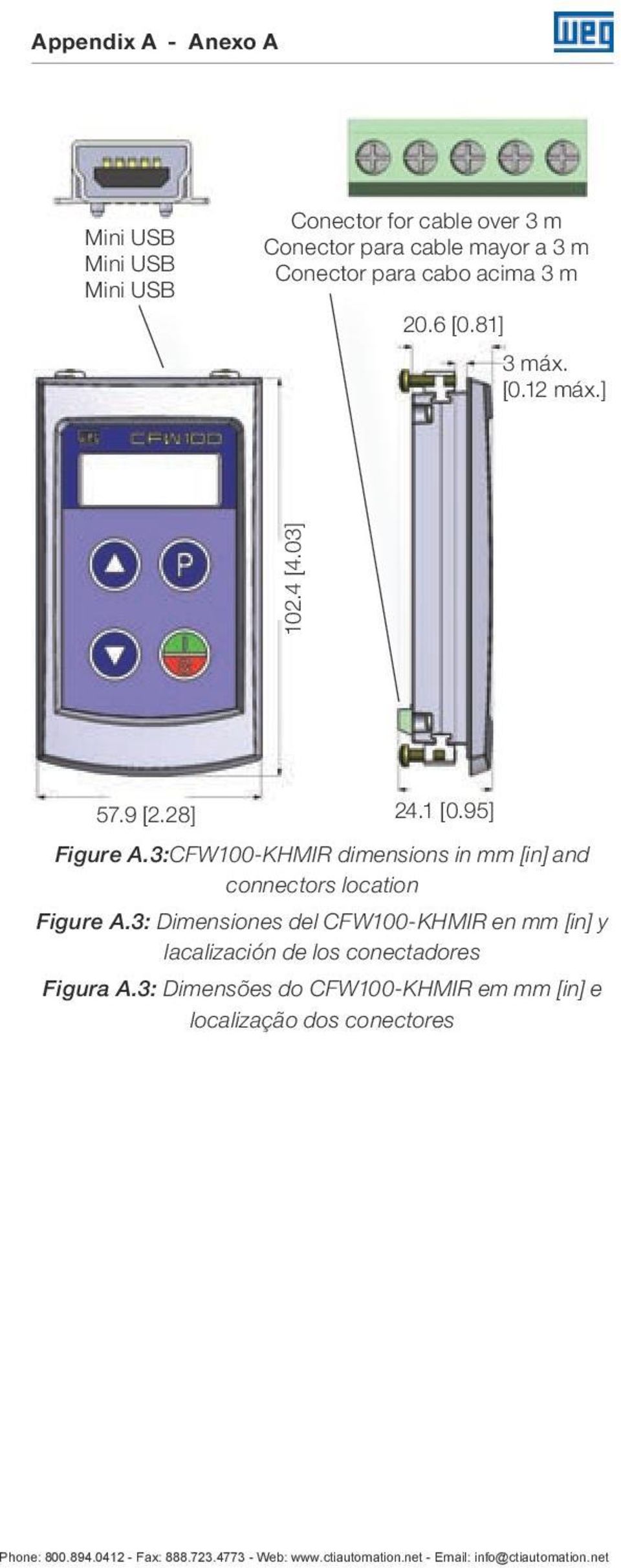 3:CFW100-KHMIR dimensions in mm [in] and connectors location Figure A.