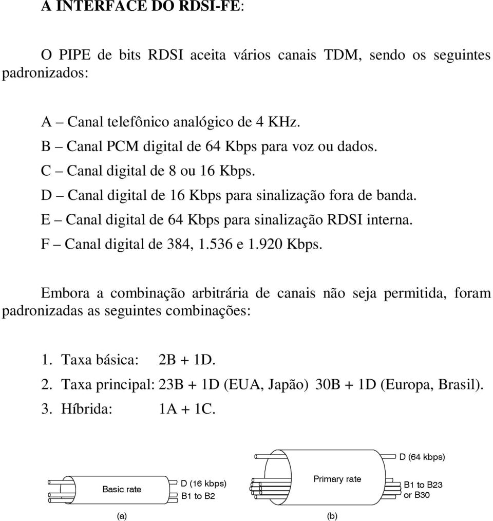 E Canal digital de 64 Kbps para sinalização RDSI interna. F Canal digital de 384, 1.536 e 1.920 Kbps.