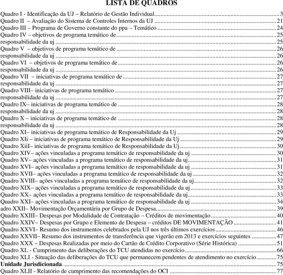 .. 26 responsabilidade da uj... 26 Quadro VI objetivos de programa temático de... 26 responsabilidade da uj... 26 Quadro VII iniciativas de programa temático de... 27 responsabilidade da uj.