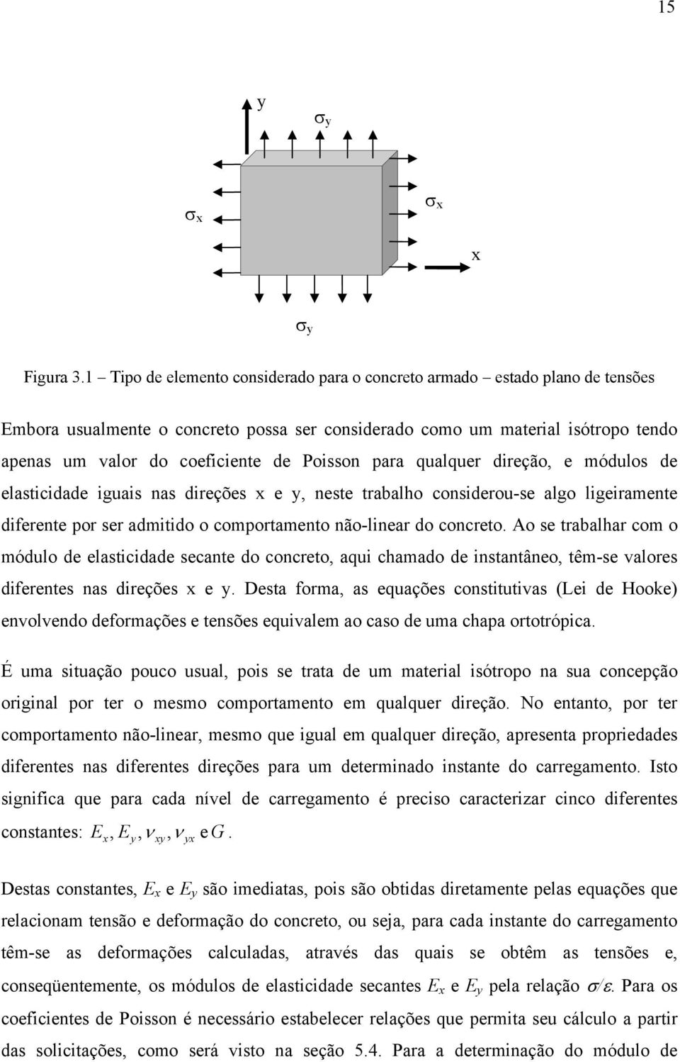 Poisson para qualquer direção, e módulos de elasticidade iguais nas direções e, neste trabalho considerou-se algo ligeiramente diferente por ser admitido o comportamento não-linear do concreto.