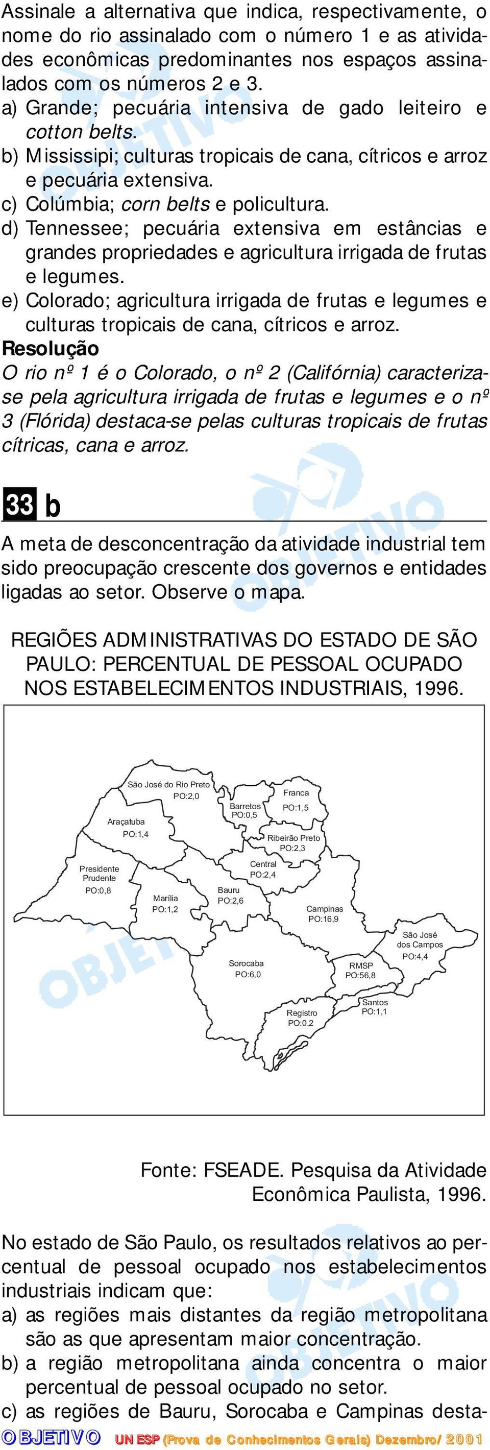 d) Tennessee; pecuária extensiva em estâncias e grandes propriedades e agricultura irrigada de frutas e legumes.