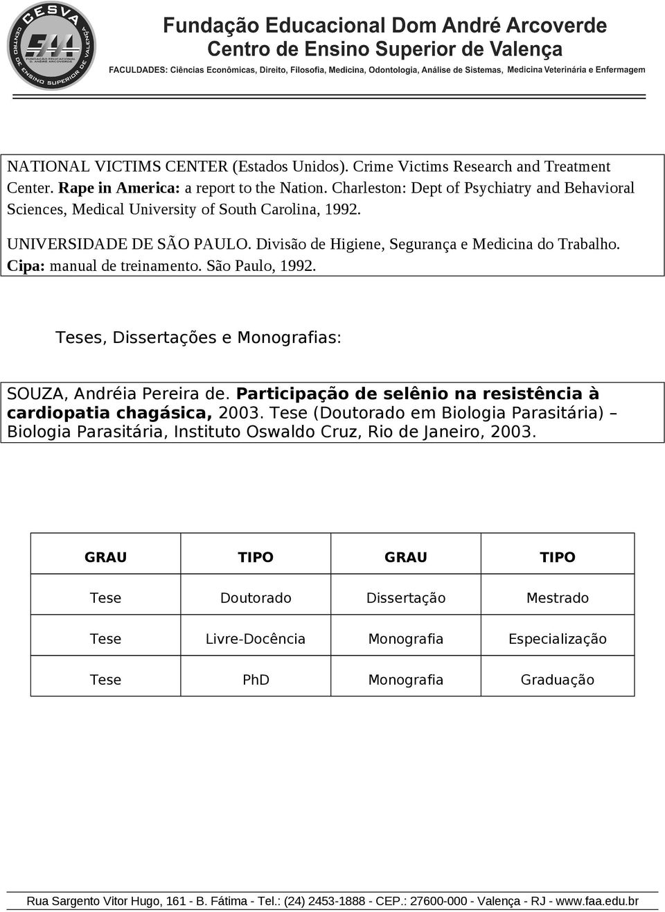 Cipa: manual de treinament. Sã Paul, 1992. Teses, Dissertações e Mngrafias: SOUZA, Andréia Pereira de. Participaçã de selêni na resistência à cardipatia chagásica, 2003.