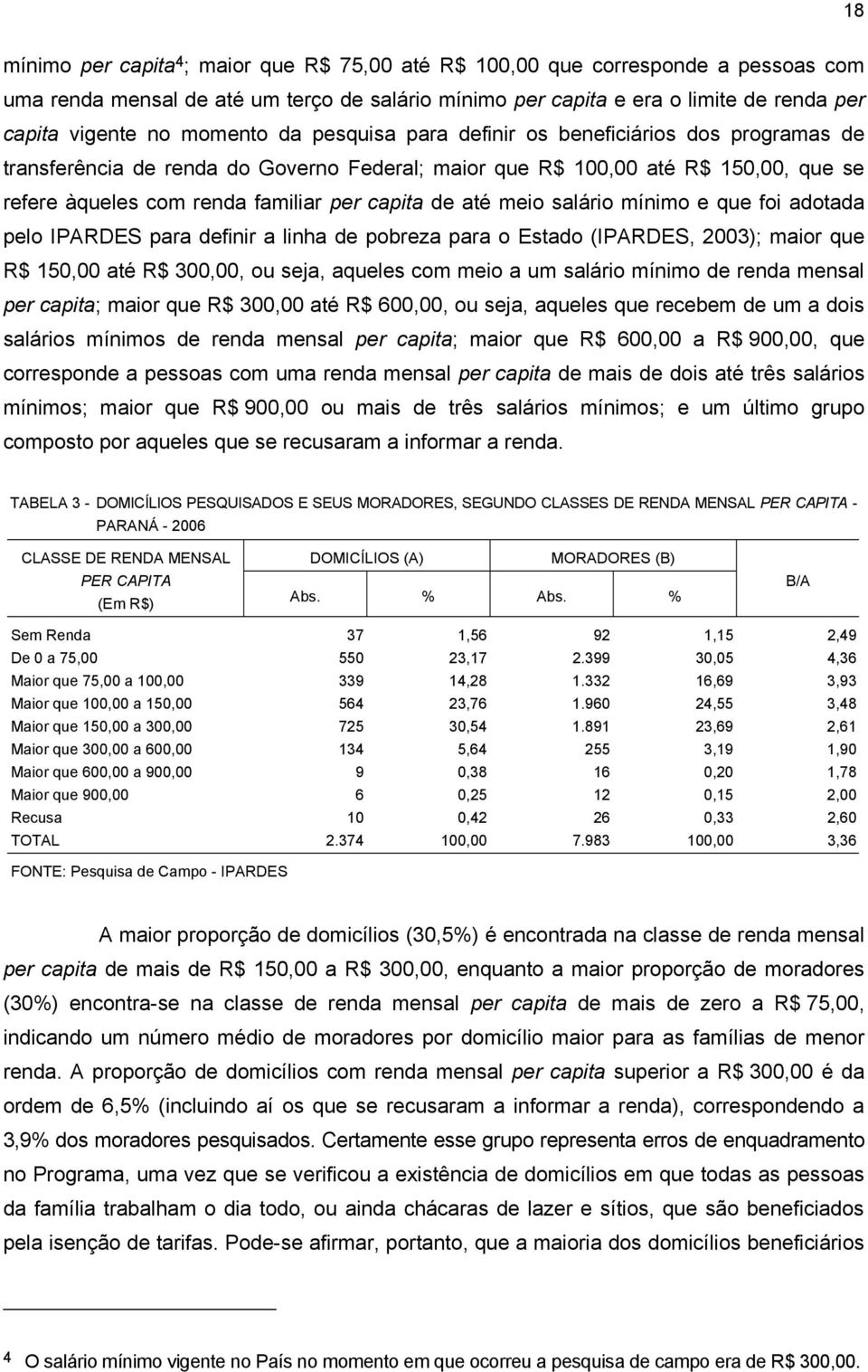 até meio salário mínimo e que foi adotada pelo IPARDES para definir a linha de pobreza para o Estado (IPARDES, 2003); maior que R$ 150,00 até R$ 300,00, ou seja, aqueles com meio a um salário mínimo