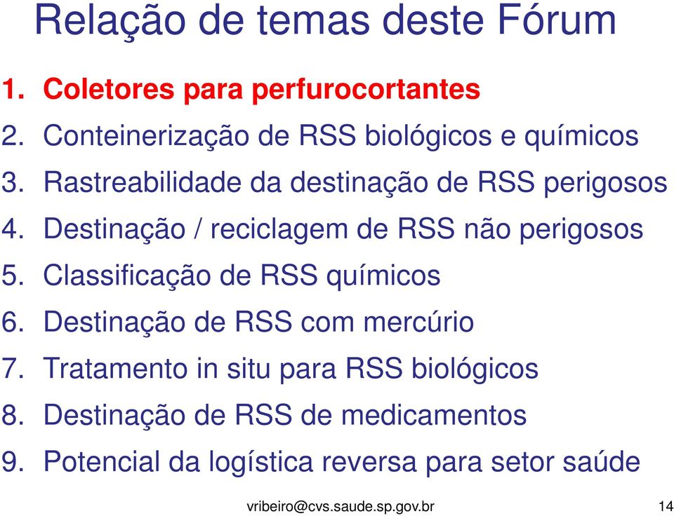 Destinação / reciclagem de RSS não perigosos 5. Classificação de RSS químicos 6.