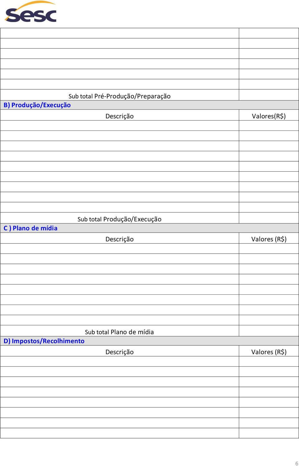 Produção/Execução Descrição Valores (R$) Sub total