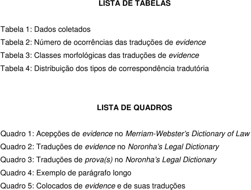 Acepções de evidence no Merriam-Webster s Dictionary of Law Quadro 2: Traduções de evidence no Noronha s Legal Dictionary Quadro