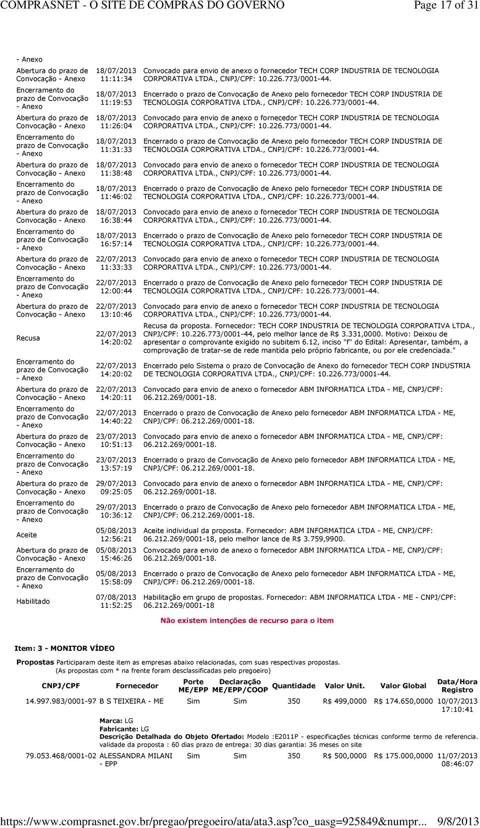 , CNPJ/CPF: 10.226.773/0001-44. Encerrado o de Anexo pelo fornecedor TECH CORP INDUSTRIA DE TECNOLOGIA CORPORATIVA LTDA., CNPJ/CPF: 10.226.773/0001-44. Convocado para envio de anexo o fornecedor TECH CORP INDUSTRIA DE TECNOLOGIA CORPORATIVA LTDA.