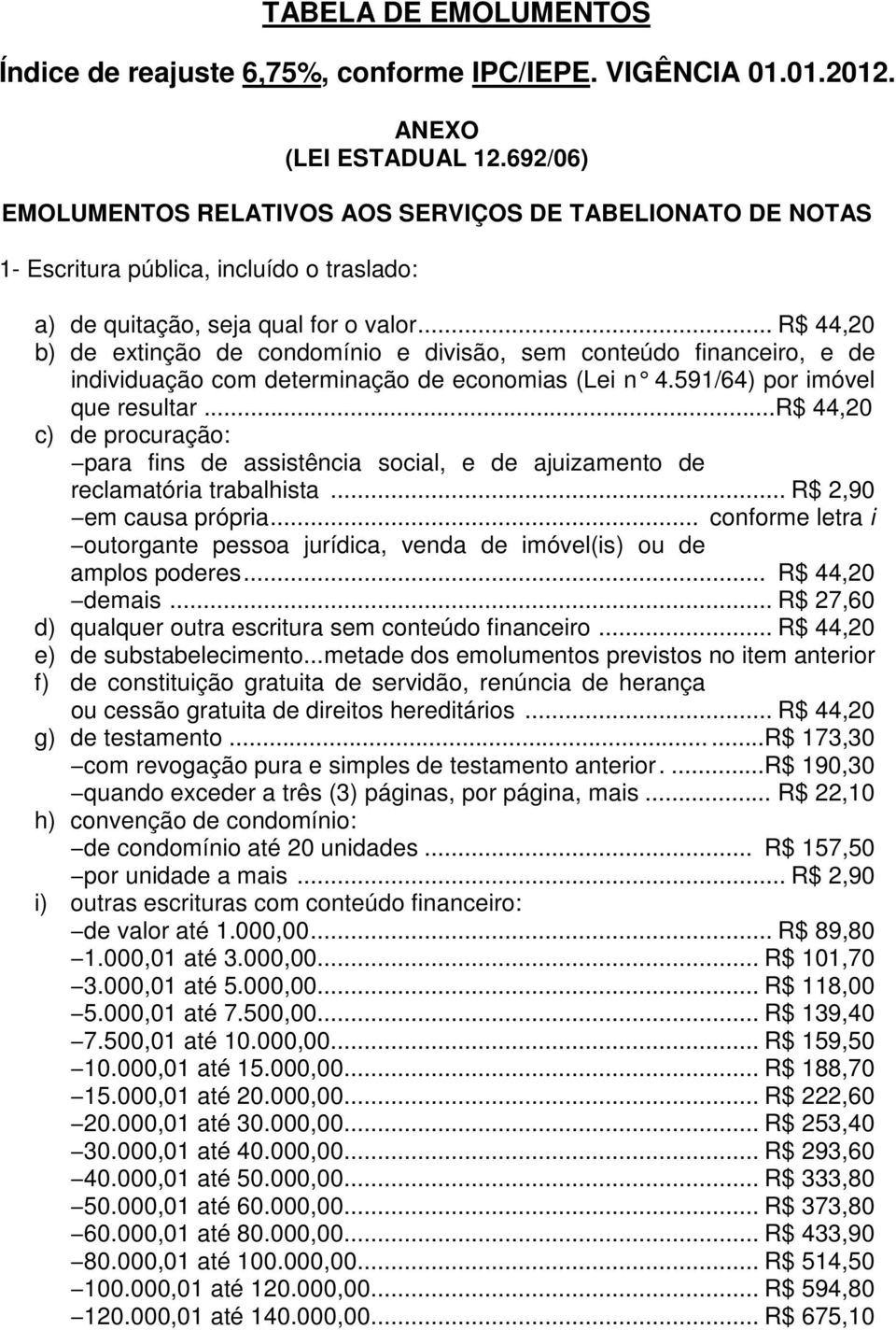 .. R$ 44,20 b) de extinção de condomínio e divisão, sem conteúdo financeiro, e de individuação com determinação de economias (Lei n 4.591/64) por imóvel que resultar.