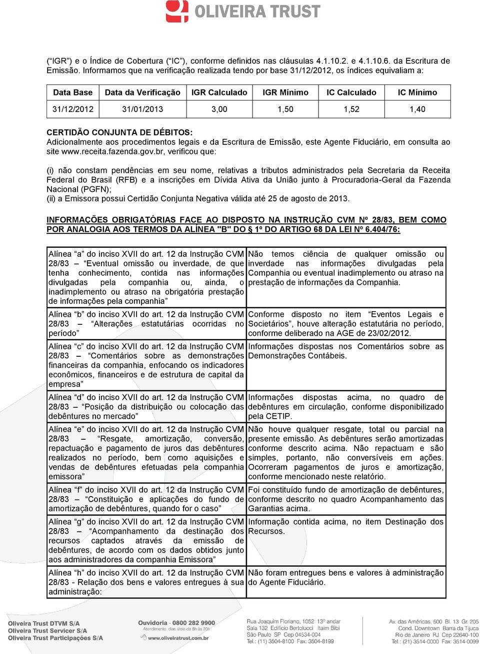 1,50 1,52 1,40 CERTIDÃO CONJUNTA DE DÉBITOS: Adicionalmente aos procedimentos legais e da Escritura de Emissão, este Agente Fiduciário, em consulta ao site www.receita.fazenda.gov.