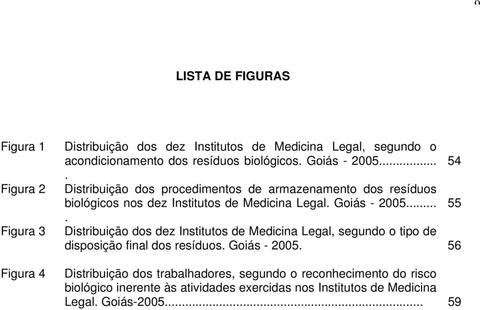 Goiás - 2005... 55. Distribuição dos dez Institutos de Medicina Legal, segundo o tipo de disposição final dos resíduos. Goiás - 2005.