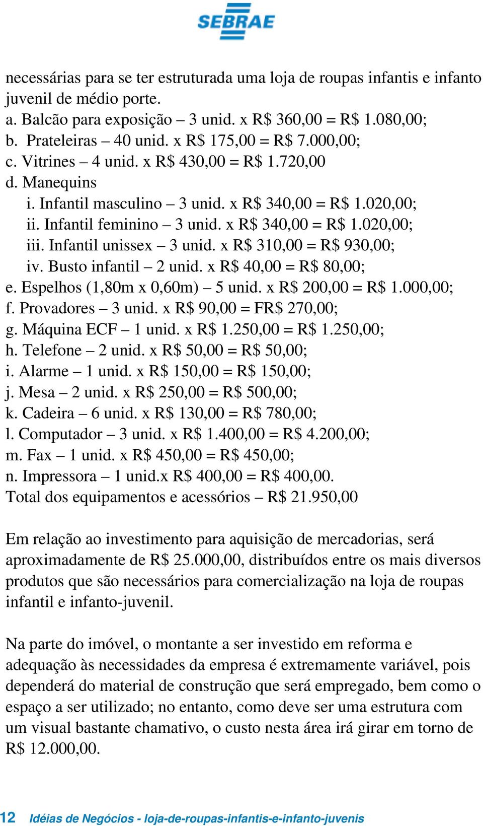 Infantil unissex 3 unid. x R$ 310,00 = R$ 930,00; iv. Busto infantil 2 unid. x R$ 40,00 = R$ 80,00; e. Espelhos (1,80m x 0,60m) 5 unid. x R$ 200,00 = R$ 1.000,00; f. Provadores 3 unid.