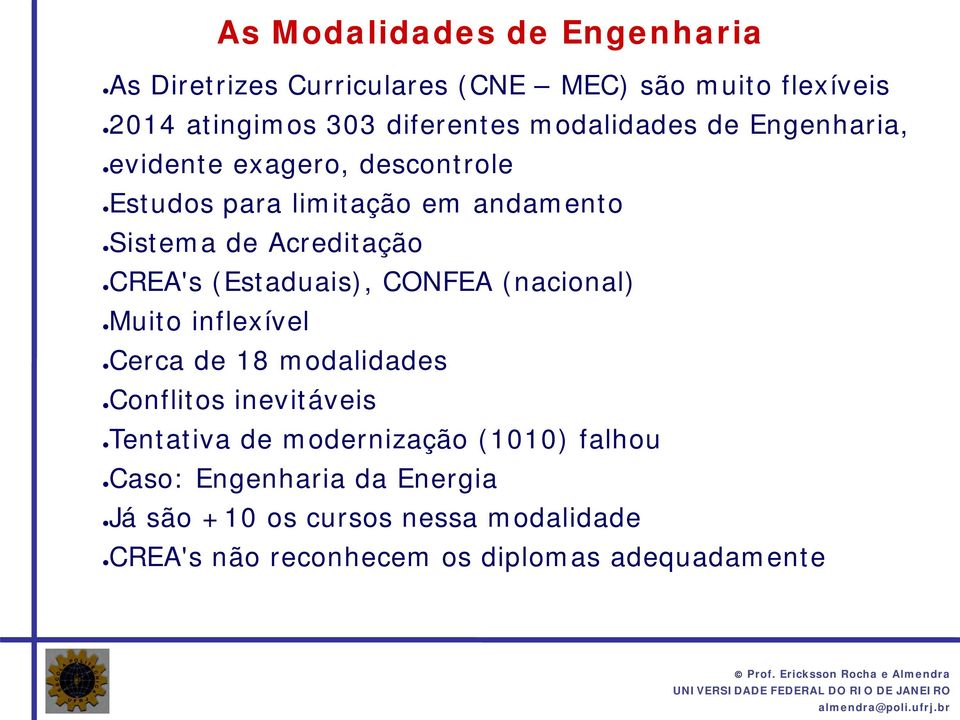 CREA's (Estaduais), CONFEA (nacional) Muito inflexível Cerca de 18 modalidades Conflitos inevitáveis Tentativa de