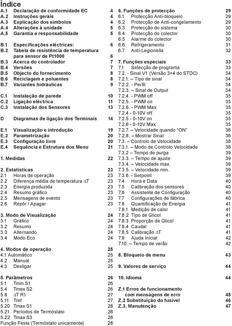 1 Instalação de parede 10 C.2 Ligação eléctrica 11 C.3 Instalação dos Sensores 13 D Diagramas de ligação dos Terminais 14 E.1 Visualização e introdução 19 E.2 Parametrização 20 E.