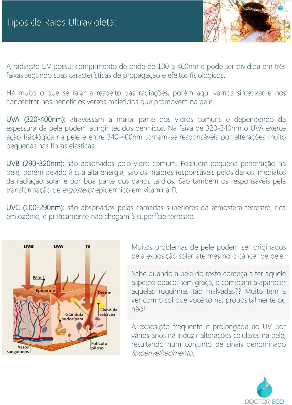 UVA (320-400nm): atravessam a maior parte dos vidros comuns e dependendo da espessura da pele podem atingir tecidos dérmicos.