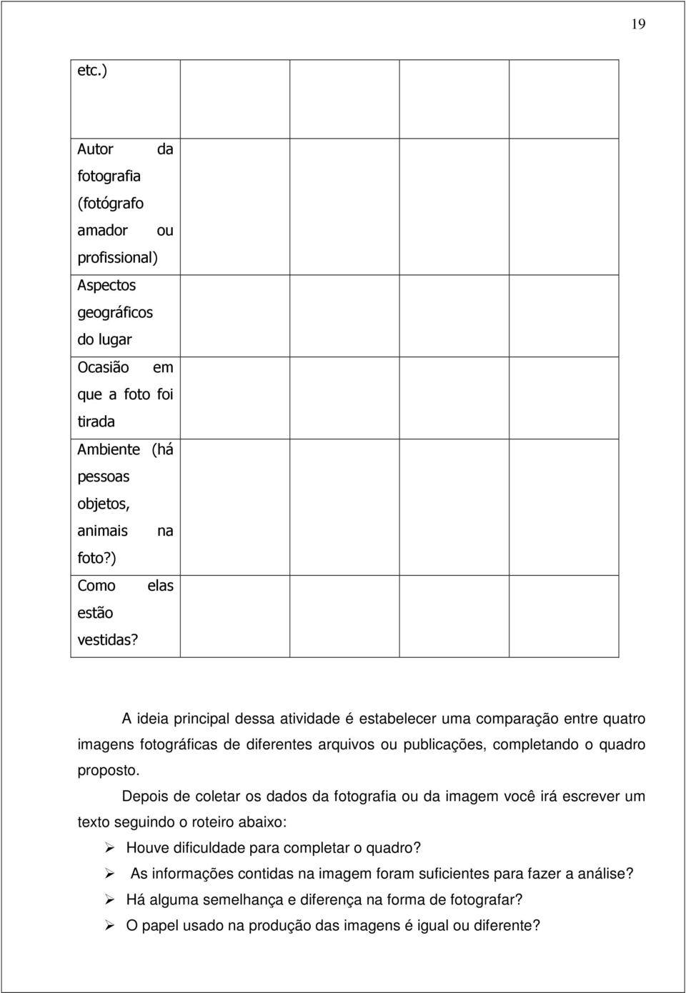 A ideia principal dessa atividade é estabelecer uma comparação entre quatro imagens fotográficas de diferentes arquivos ou publicações, completando o quadro proposto.