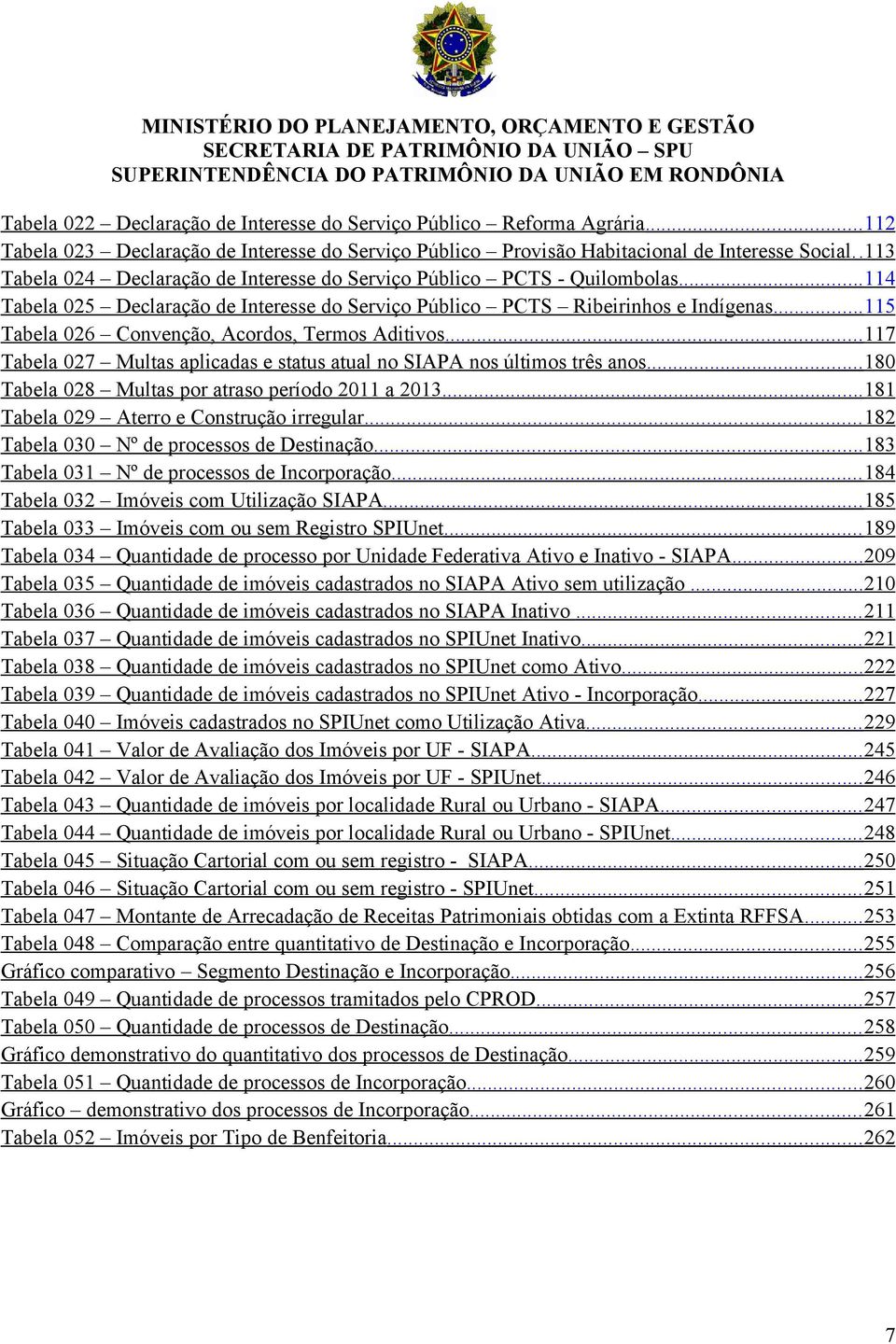 .. Tabela 0 Declaração de Interesse do Serviço Público PCTS Ribeirinhos e Indígenas... Tabela 0 Convenção, Acordos, Termos Aditivos.