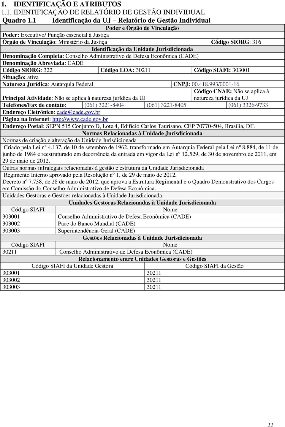 Identificação da Unidade Jurisdicionada Denominação Completa: Conselho Administrativo de Defesa Econômica (CADE) Denominação Abreviada: CADE Código SIORG: 322 Código LOA: 30211 Código SIAFI: 303001