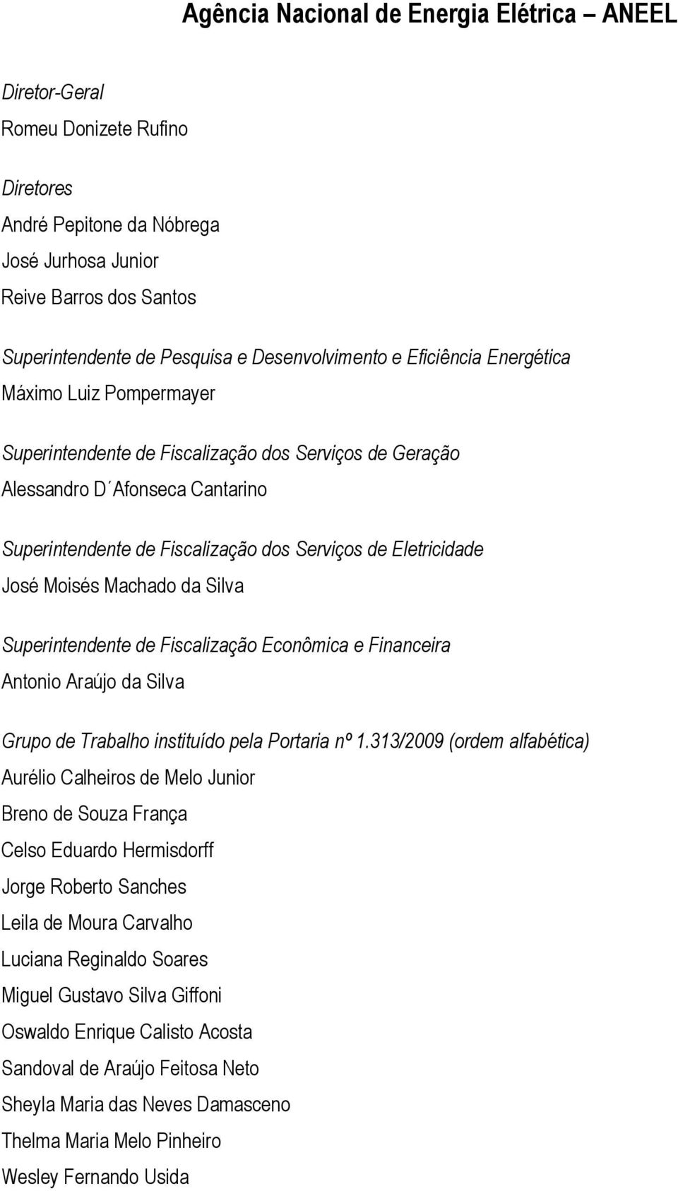 Eletricidade José Moisés Machado da Silva Superintendente de Fiscalização Econômica e Financeira Antonio Araújo da Silva Grupo de Trabalho instituído pela Portaria nº 1.