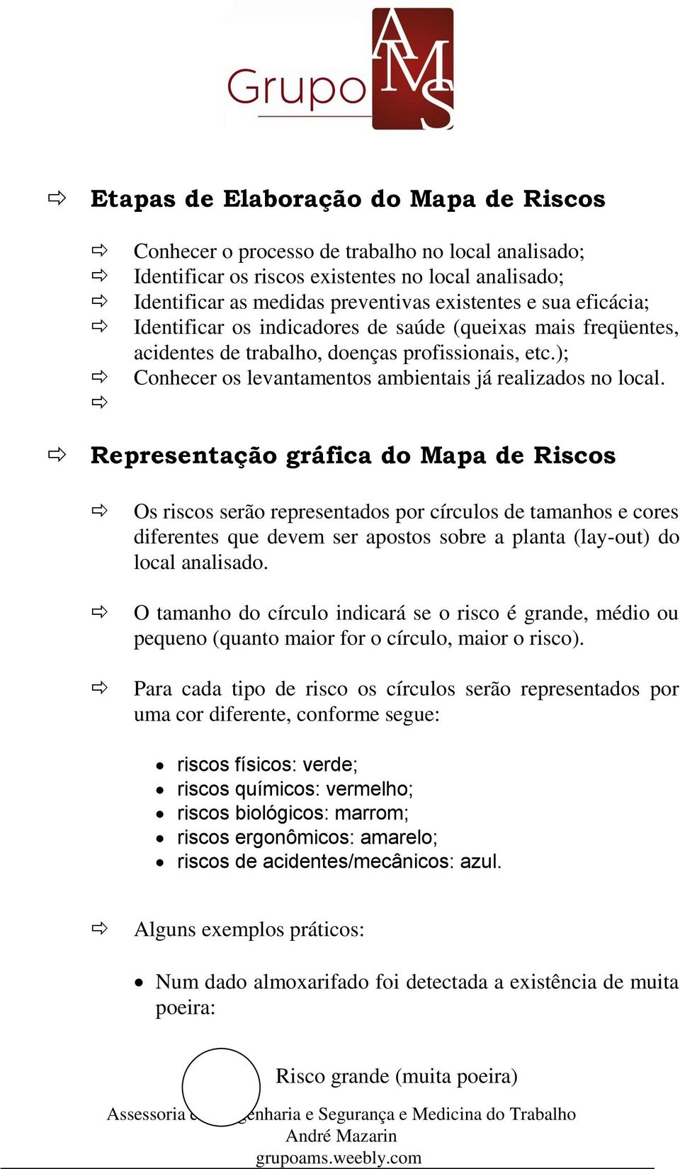 Representação gráfica do Mapa de Riscos Os riscos serão representados por círculos de tamanhos e cores diferentes que devem ser apostos sobre a planta (lay-out) do local analisado.