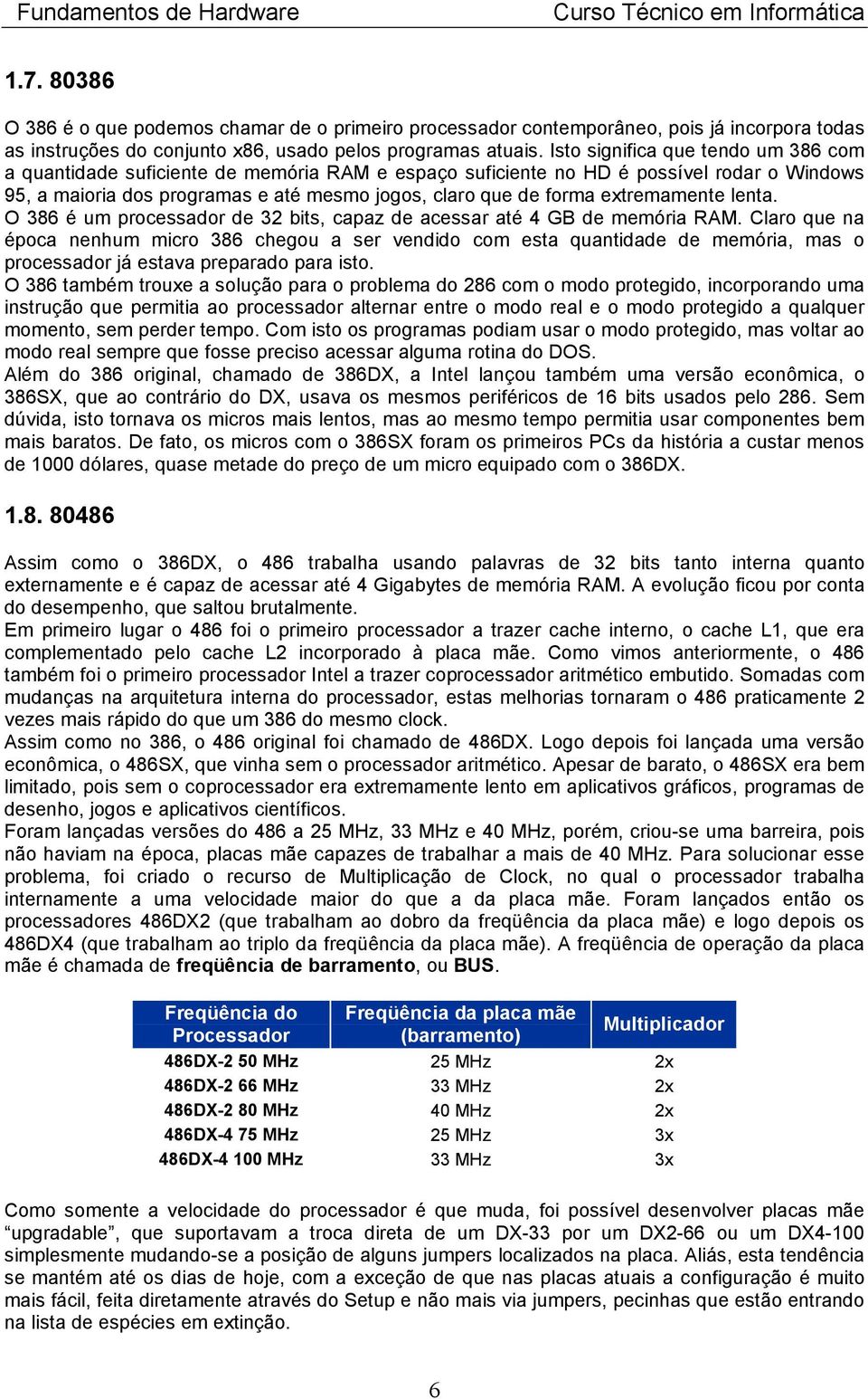 extremamente lenta. O 386 é um processador de 32 bits, capaz de acessar até 4 GB de memória RAM.