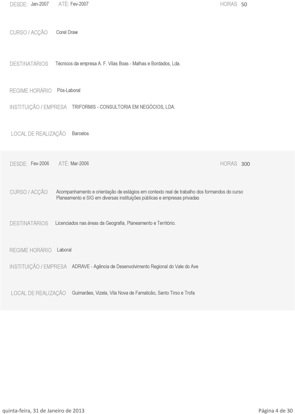 Barcelos DESDE: Fev-2006 ATÉ: Mar-2006 HORAS 300 Acompanhamento e orientação de estágios em contexto real de trabalho dos formandos do curso