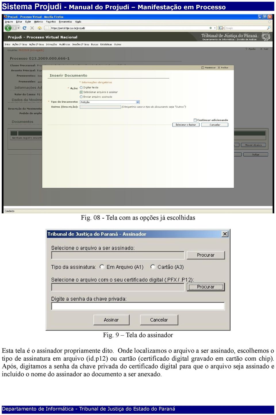 Onde localizamos o arquivo a ser assinado, escolhemos o tipo de assinatura em arquivo (id.