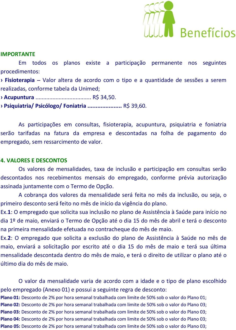 As participações em consultas, fisioterapia, acupuntura, psiquiatria e foniatria serão tarifadas na fatura da empresa e descontadas na folha de pagamento do empregado, sem ressarcimento de valor. 4.