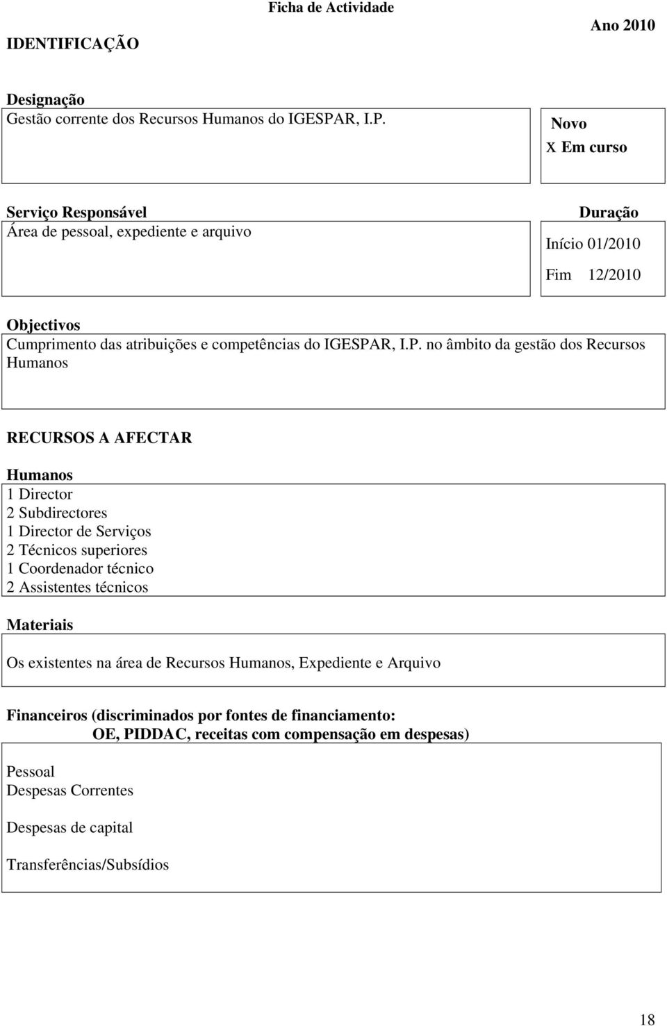 Novo x Em curso Srviço Rsponsávl Ára d pssoal, xpdint arquivo Início 01/2010 Fim 12/2010 Objctivos Cumprimnto das atribuiçõs comptências do IGESPA