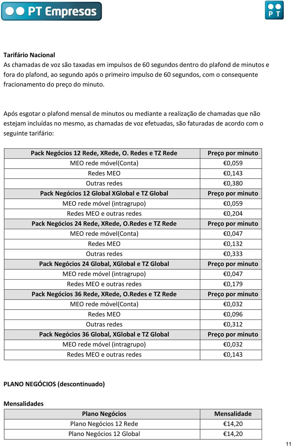 Após esgotar o plafond mensal de minutos ou mediante a realização de chamadas que não estejam incluídas no mesmo, as chamadas de voz efetuadas, são faturadas de acordo com o seguinte tarifário: Pack