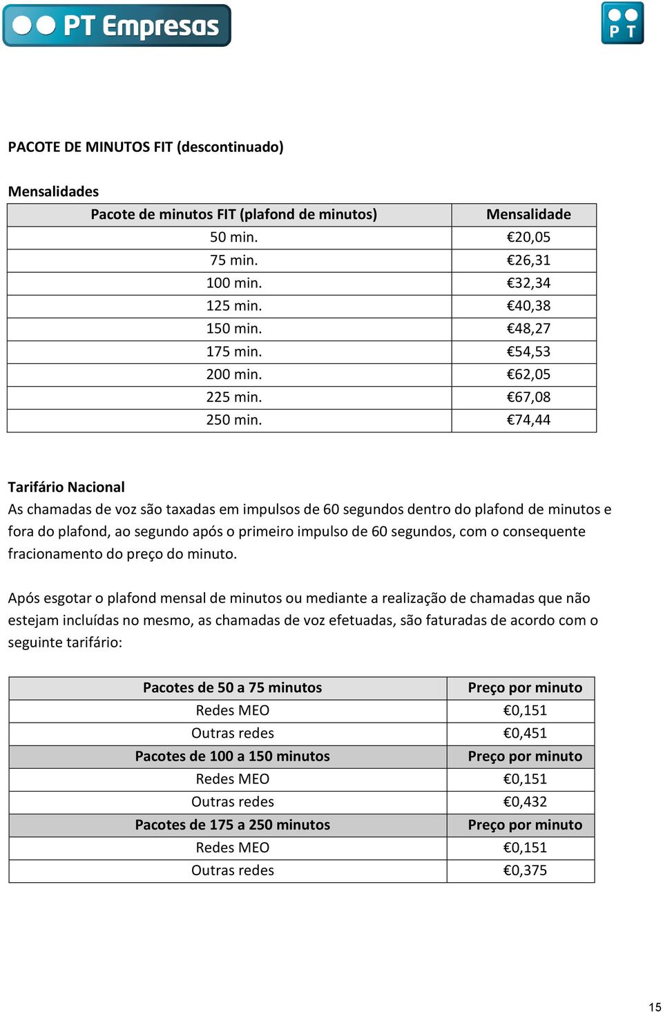 74,44 Tarifário Nacional As chamadas de voz são taxadas em impulsos de 60 segundos dentro do plafond de minutos e fora do plafond, ao segundo após o primeiro impulso de 60 segundos, com o consequente