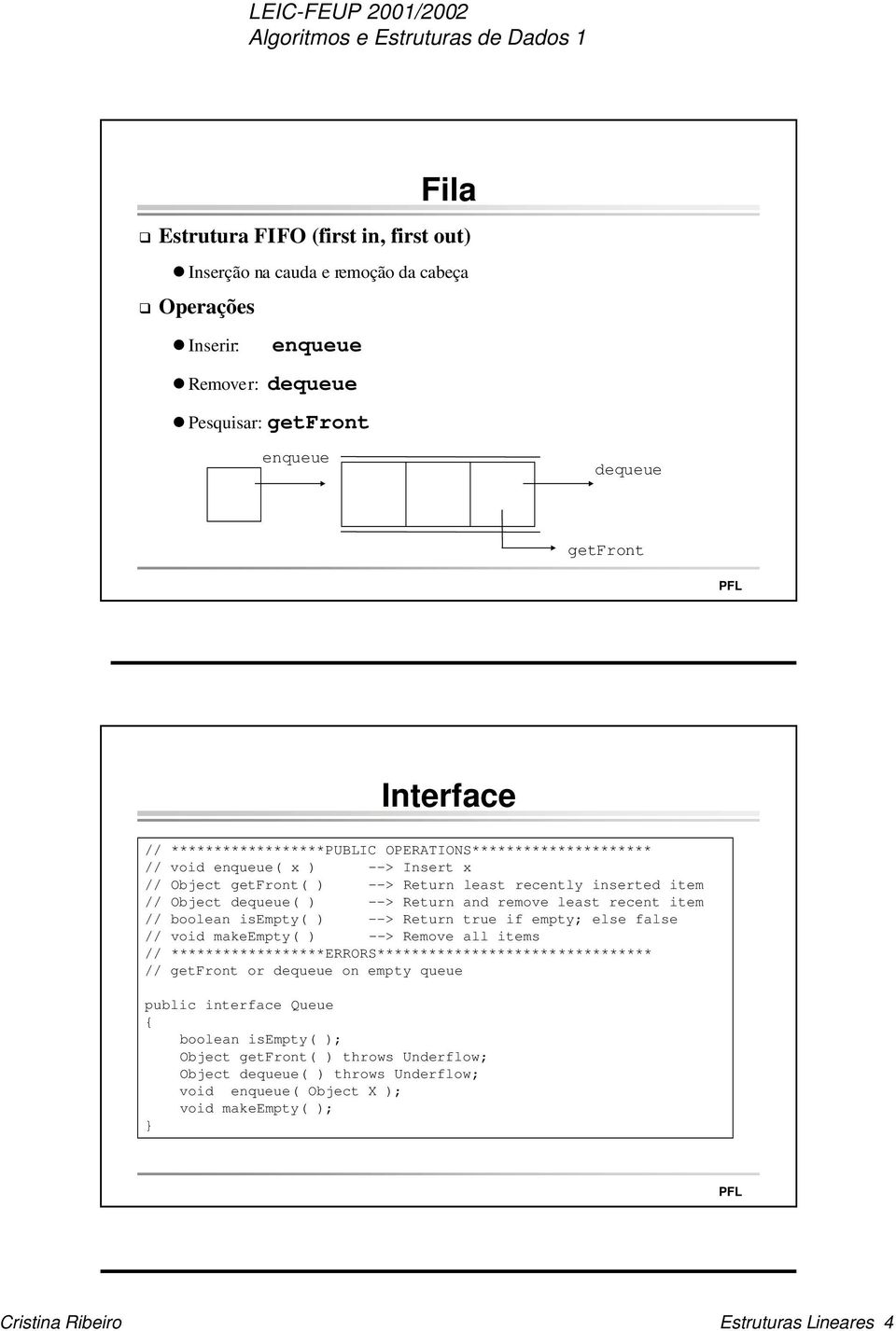 least recent item // boolean isempty( ) --> Return true if empty; else false // void makeempty( ) --> Remove all items // ******************ERRORS******************************** // getfront or