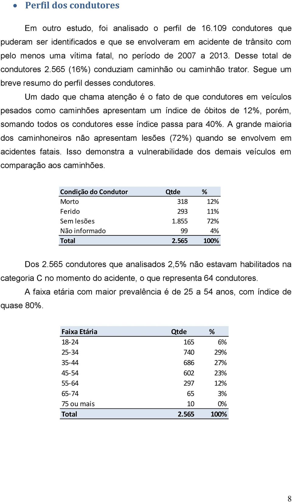 565 (16%) conduziam caminhão ou caminhão trator. Segue um breve resumo do perfil desses condutores.