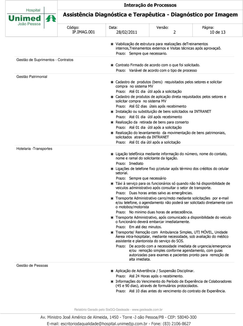 Variável de acordo com o tipo de processo Cadastro de produtos (bens) requisitados pelos setores e solicitar compra no sistema MV Até 01 dia útil após a solicitação Cadastro de produtos de aplicação